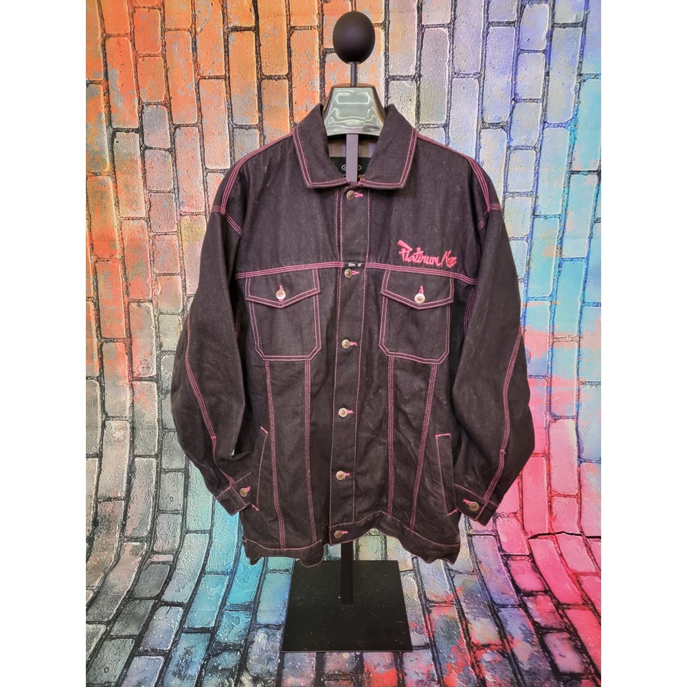 *VTG* Men's 90s Platinum Nova Jeans Black Denim Jacket with Pink Embroidery 3XL
